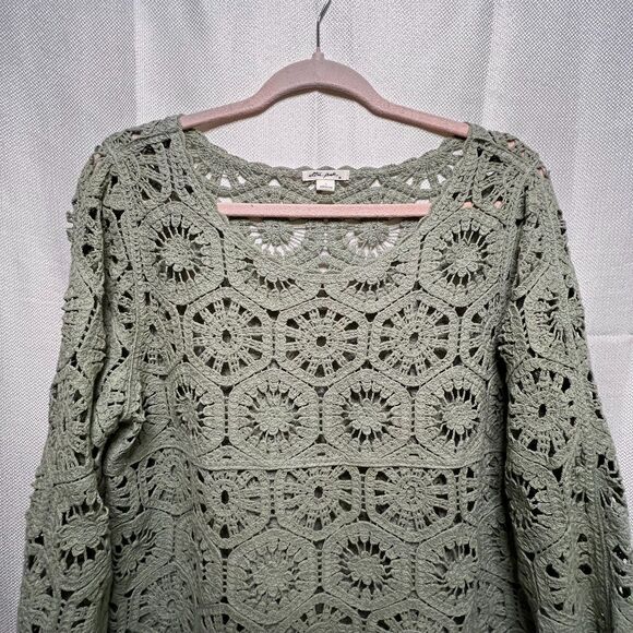 Boho Sage Crochet Knit Top Long Sleeve 100% Cotton Festival Peasant Blouse L - Picture 3 of 10